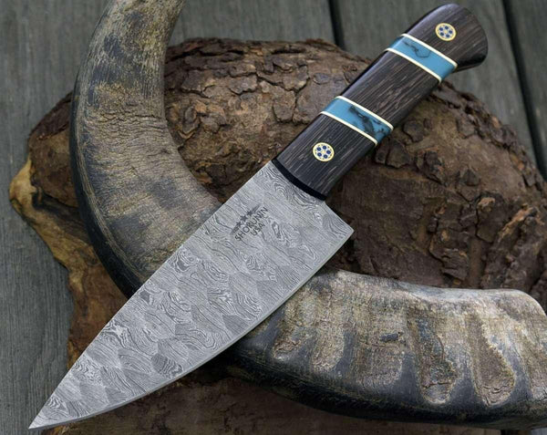 Crystal Damascus Chef's Knife with Exotic Wenge Wood & Turquoise Handle - Gifts for You 'n Me