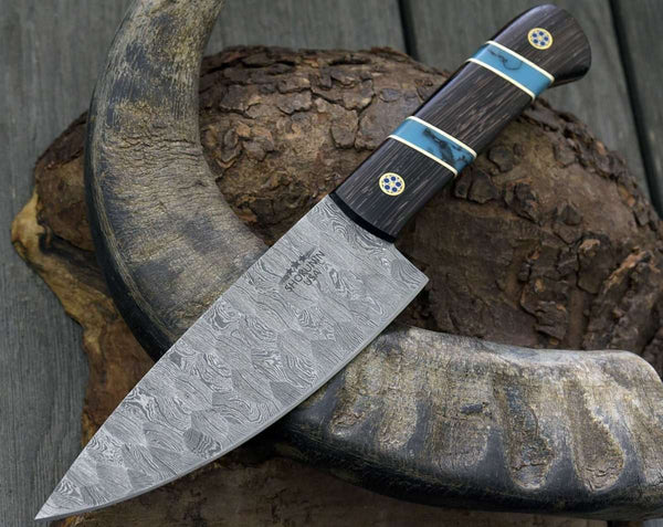 Crystal Damascus Chef's Knife with Exotic Wenge Wood & Turquoise Handle