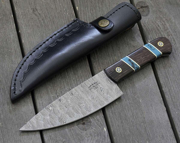Crystal Damascus Chef's Knife with Exotic Wenge Wood & Turquoise Handle - Gifts for You 'n Me