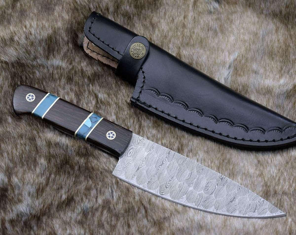 Crystal Damascus Chef's Knife with Exotic Wenge Wood & Turquoise Handle - Gifts for You 'n Me