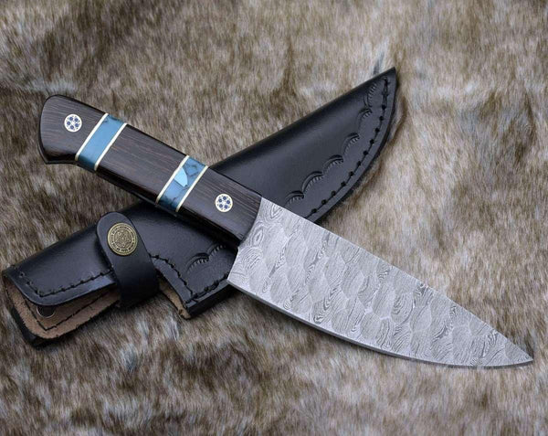 Crystal Damascus Chef's Knife with Exotic Wenge Wood & Turquoise Handle - Gifts for You 'n Me