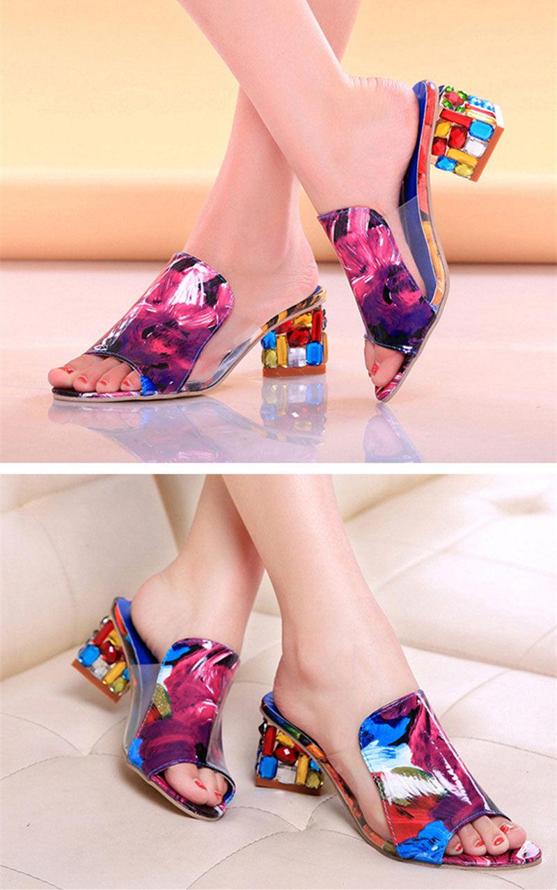 Crystal Sandals Open Toe Square Heels Spring Summer Shoes Sandals Women Footwear Low Block Heels Mules Open Toe Ankle Strap Sandals Square Toe Mixed Colors Beautiful Sandals