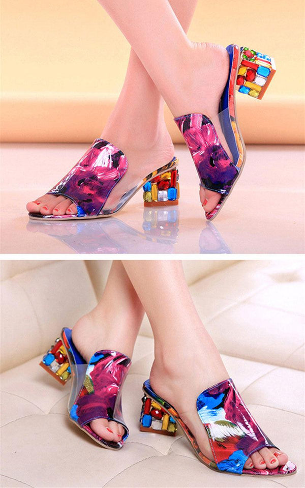 Crystal Sandals Open Toe Square Heels Spring Summer Shoes Sandals Women Footwear Low Block Heels Mules Open Toe Ankle Strap Sandals Square Toe Mixed Colors Beautiful Sandals