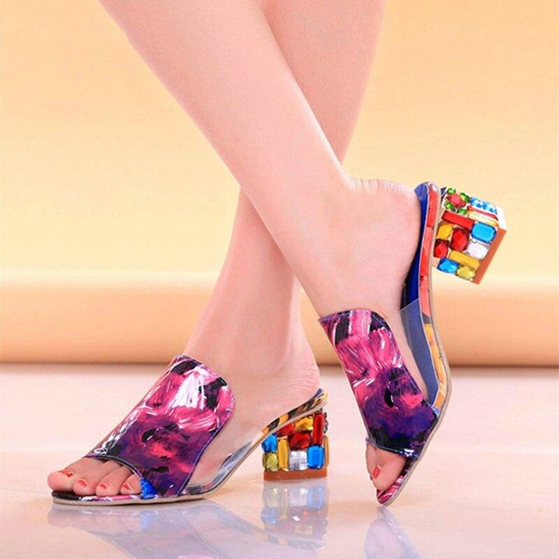 Crystal Sandals Open Toe Square Heels Spring Summer Shoes Sandals Women Footwear Low Block Heels Mules Open Toe Ankle Strap Sandals Square Toe Mixed Colors Beautiful Sandals