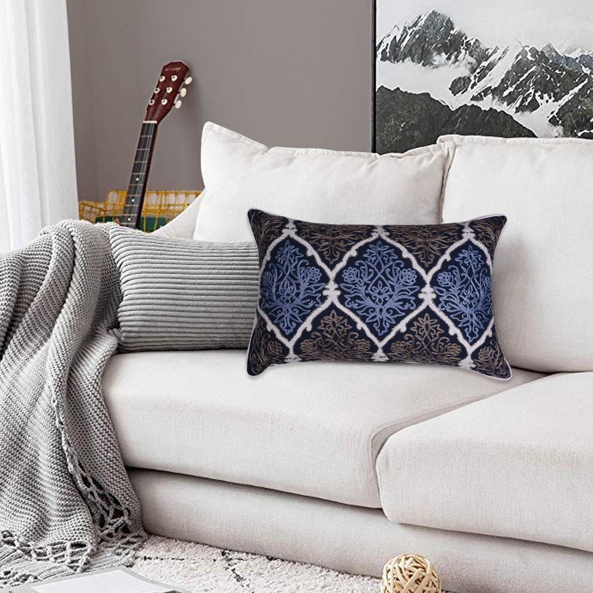 Throw Pillow Covers - Blue Brown Pillow Set, Embroidered Linen Cushion Covers 14x20