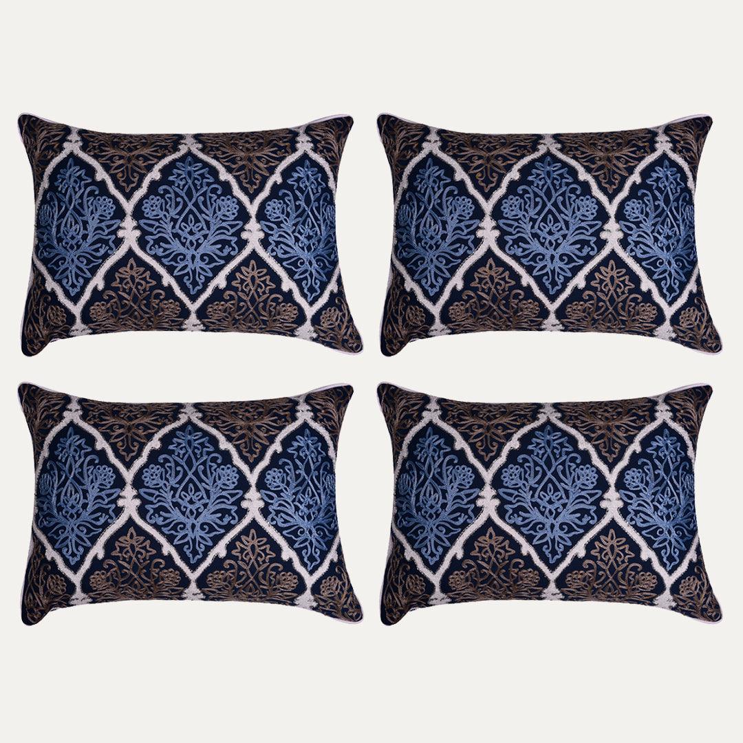 Throw Pillow Covers - Blue Brown Pillow Set, Embroidered Linen Cushion Covers 14x20