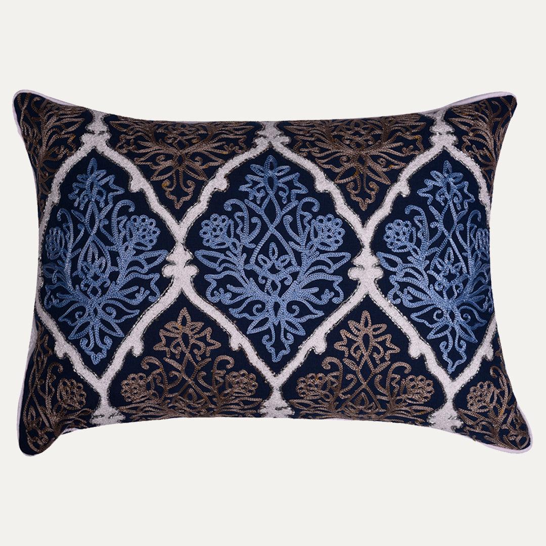 Throw Pillow Covers - Blue Brown Pillow Set, Embroidered Linen Cushion Covers 14x20