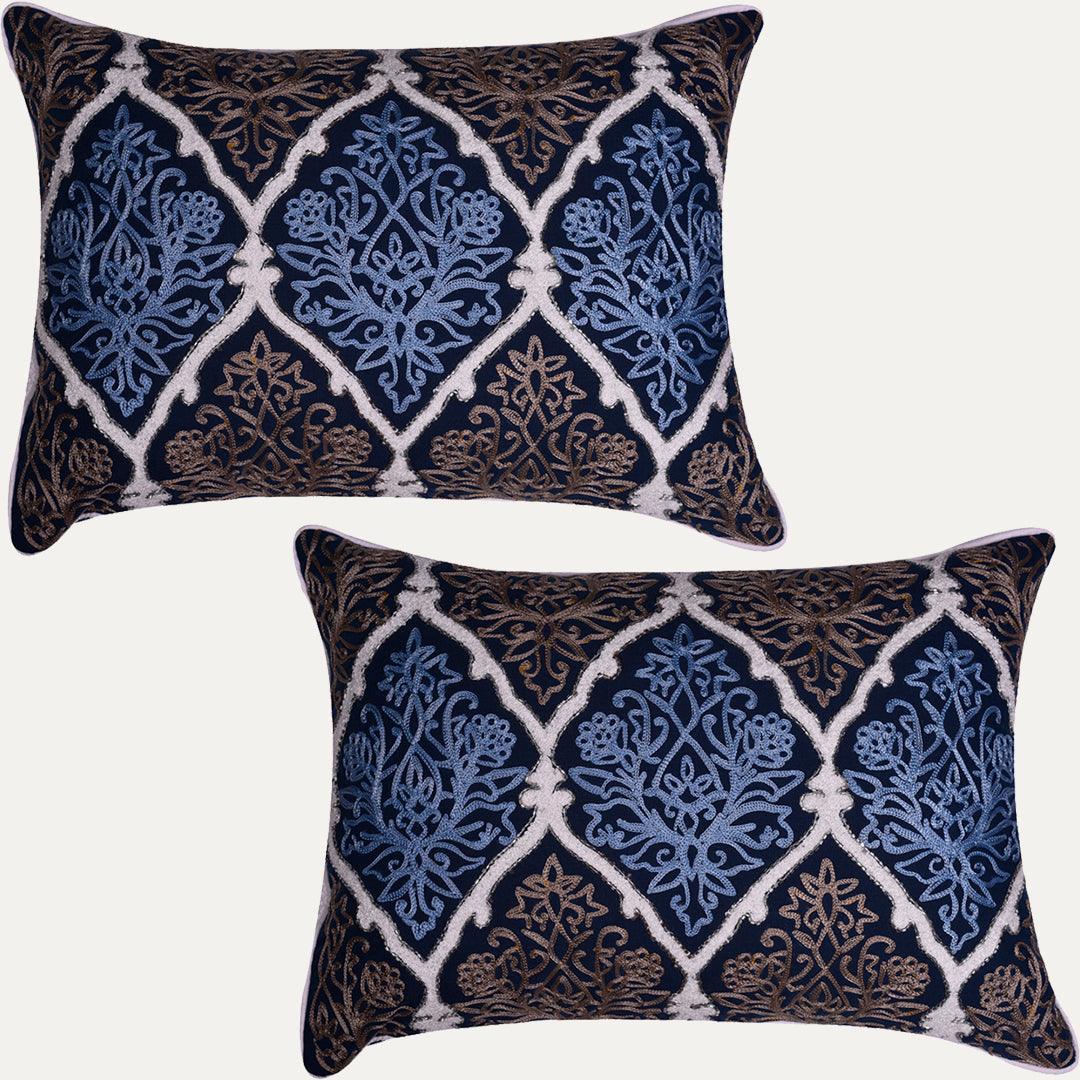 Throw Pillow Covers - Blue Brown Pillow Set, Embroidered Linen Cushion Covers 14x20