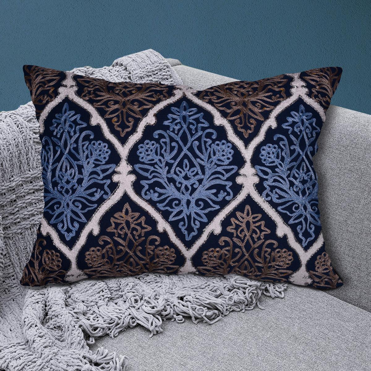 Throw Pillow Covers - Blue Brown Pillow Set, Embroidered Linen Cushion Covers 14x20