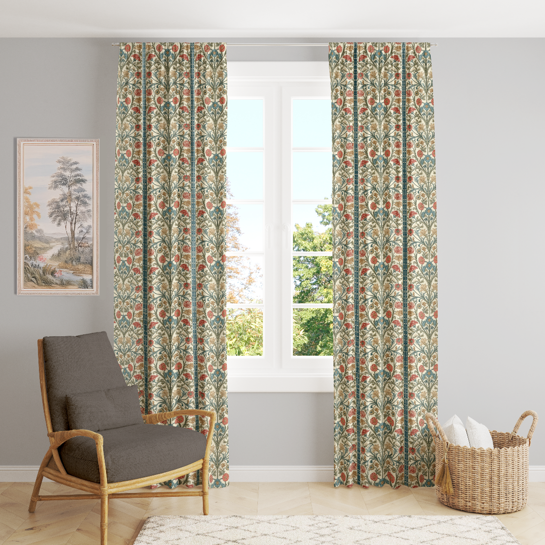Window Curtain Set - Cotton Blend (2 Panels) | Summer Bouquet | William Morris Inspired Collection