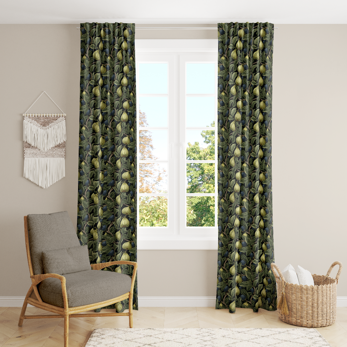 Window Curtain Set - Cotton Blend (2 Panels) | Green Figs | William Morris Inspired Collection