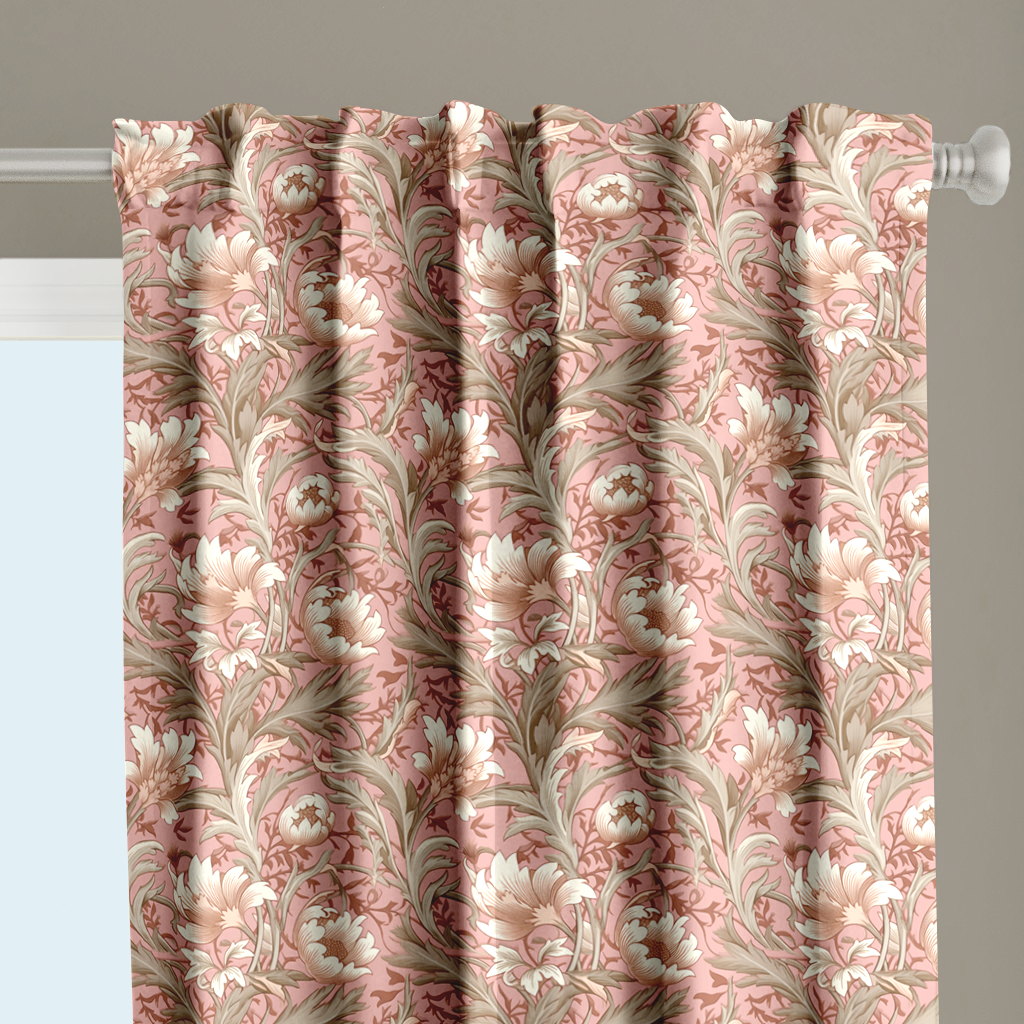 Window Curtain Set - Cotton Blend (2 Panels) | Blush & Grey Floral | William Morris Inspired Collection