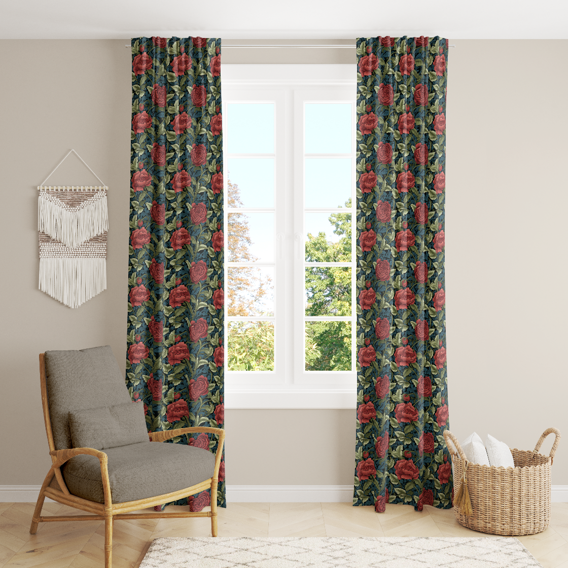 Window Curtain Set - Cotton Blend (2 Panels) | Vintage Red Rose | William Morris Inspired Collection