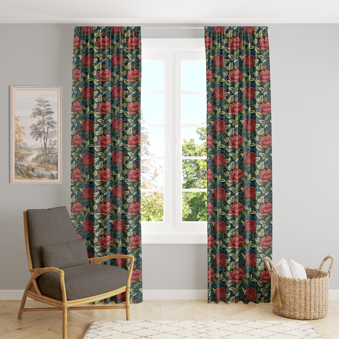 Floral patterned curtains with red flowers in a room with a chair and basket.