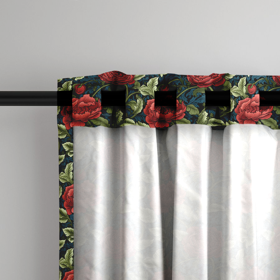 Window Curtain Set - Cotton Blend (2 Panels) | Vintage Red Rose | William Morris Inspired Collection