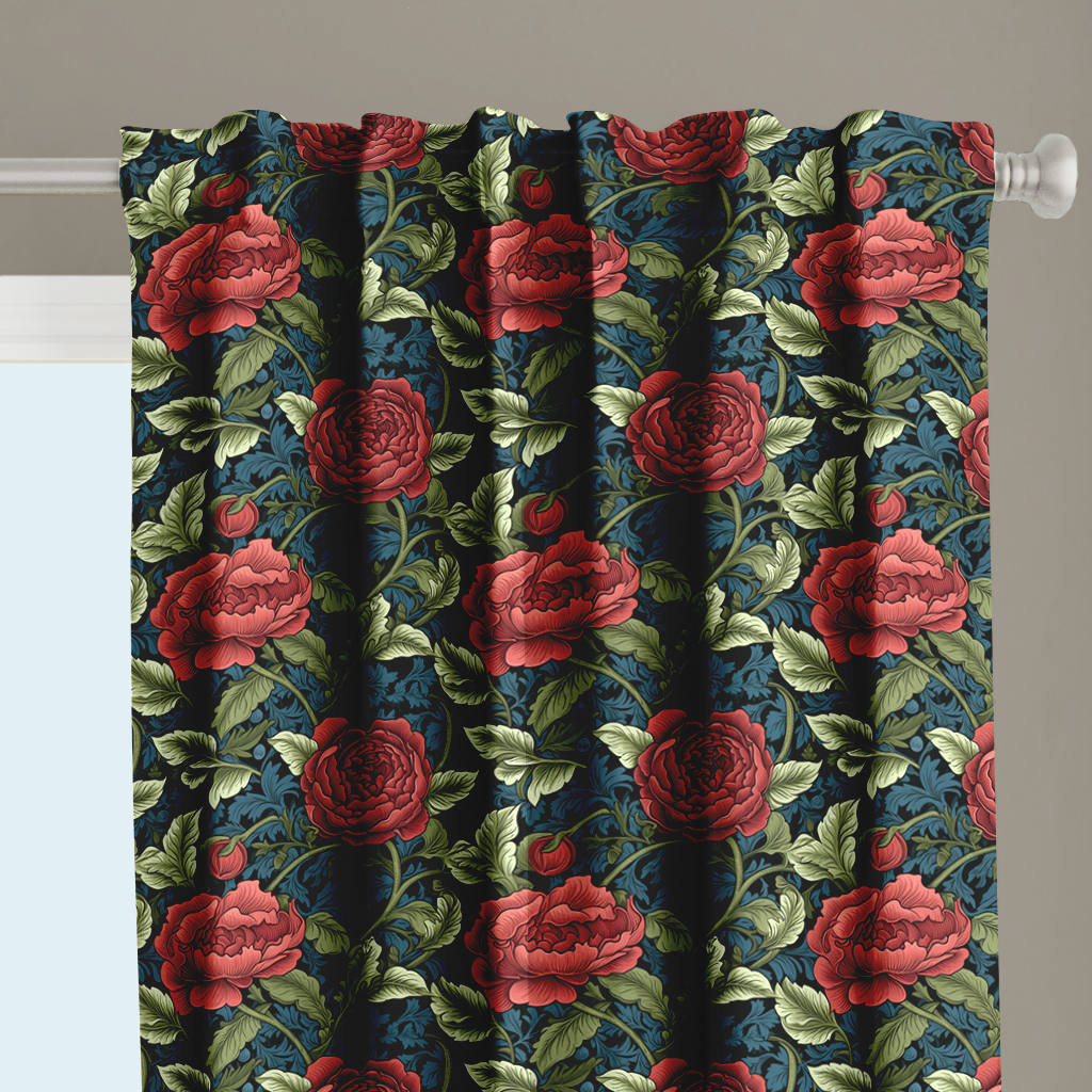 Window Curtain Set - Cotton Blend (2 Panels) | Vintage Red Rose | William Morris Inspired Collection