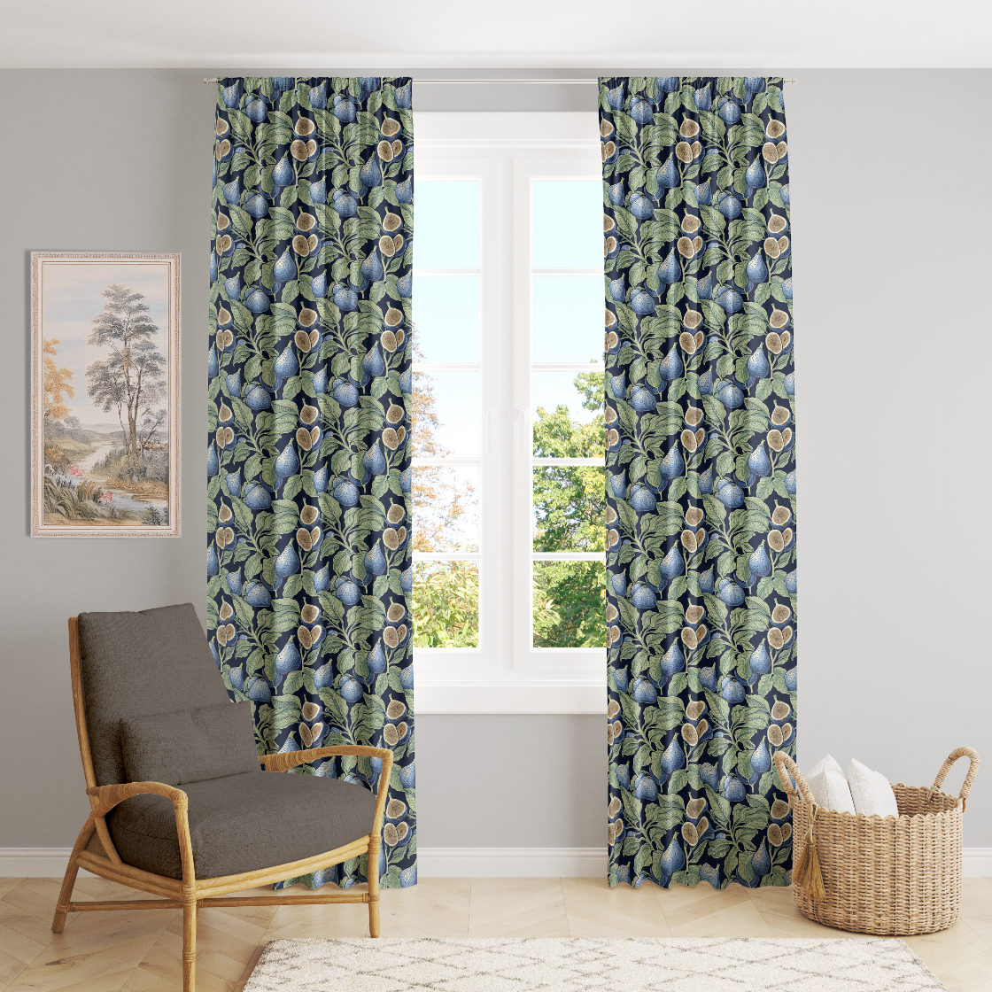 Room with floral-patterned curtains, a chair, and a basket.