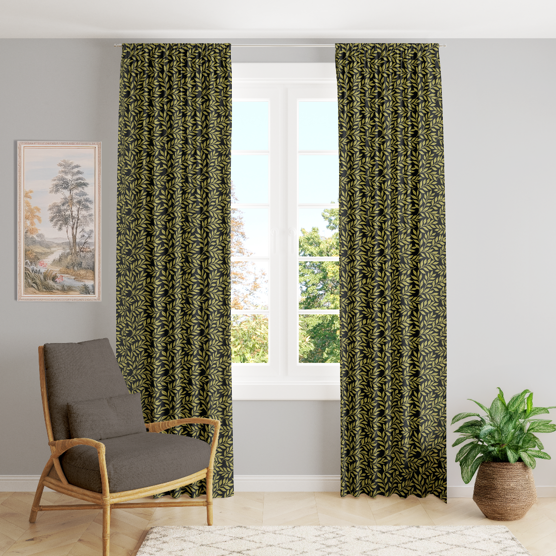 Green patterned curtains in a room with a gray armchair and a plant.