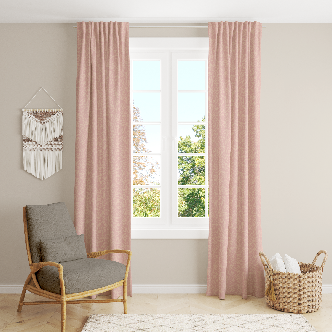 Window Curtain Set - Cotton Blend (2 Panels) | Blush & Grey Floral | William Morris Inspired Collection