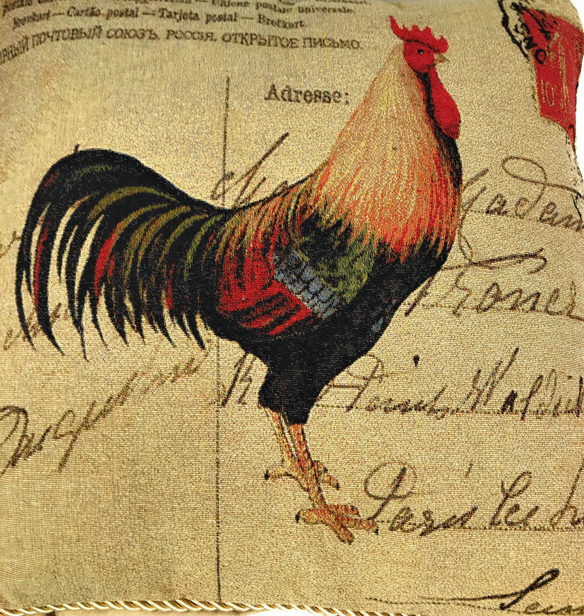Tache Rooster Postcard European Farmhouse Cottage Vintage Tapestry Woven Throw Pillow Cover (15051)