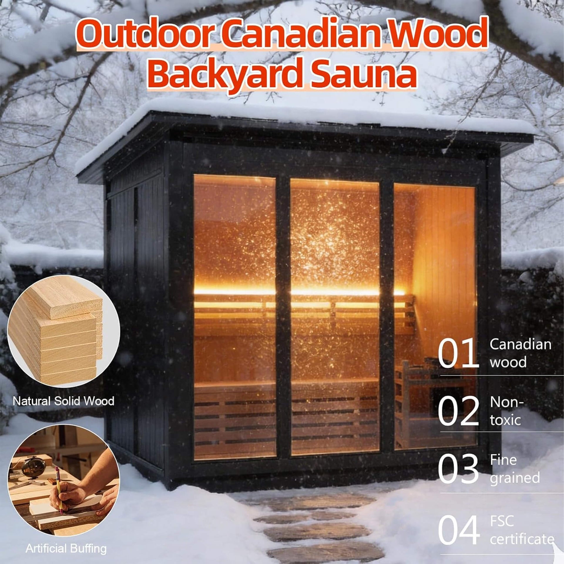 Custom 4-Person Luxury Canadian Hemlock Outdoor Steam Sauna With Heater And Stones [Made-To-Order] (SAK79406)