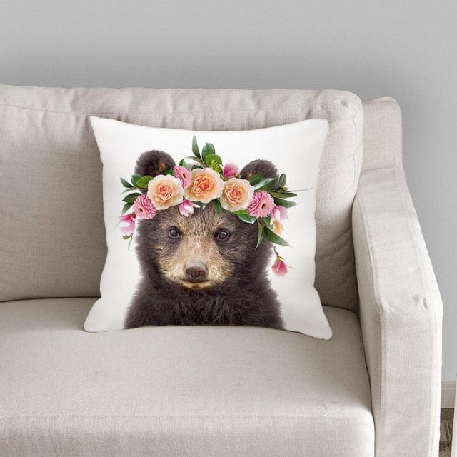Cute Baby Animals Pattern Pillow Case Cotton Linen Cushion Cover for Home Sofa Pillow Covers, Cushion Covers Tiger Bunny Rabbit Horse Sheep Bear With Head Flowers Decorative Velvet Pillow Covers 45X45CM