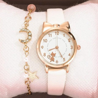 Cute Cat Gold Dial Watch Fashion Kids Leather Strap Quartz Watch Children Set Bracelet Watch Leather Band Luxury Quartz Watches Fashion Creative Wristwatch For Women Girls