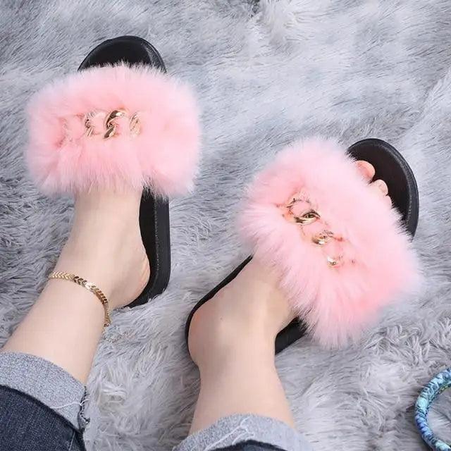 Cute Fluffy Ladies Indoor Warm Slippers Furry Luxury Flip Flops   Women's Fashion Flat Soft Flip Flops
