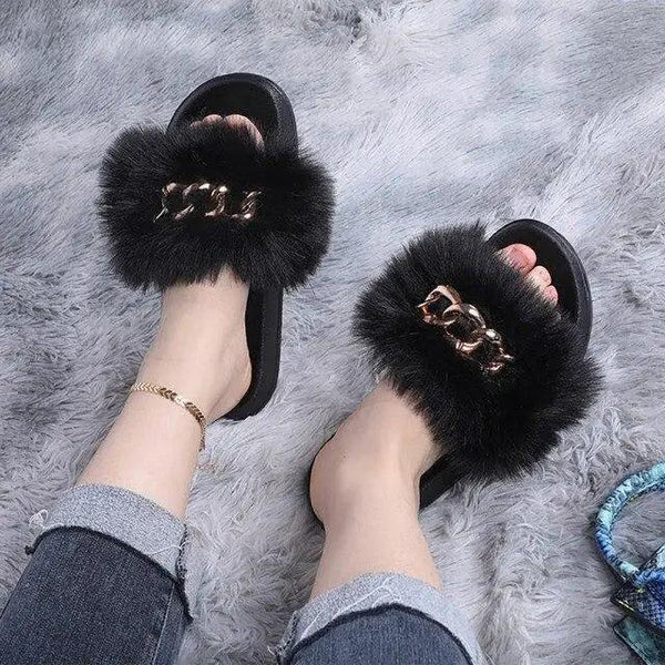 Cute Fluffy Ladies Indoor Warm Slippers Furry Luxury Flip Flops   Women's Fashion Flat Soft Flip Flops