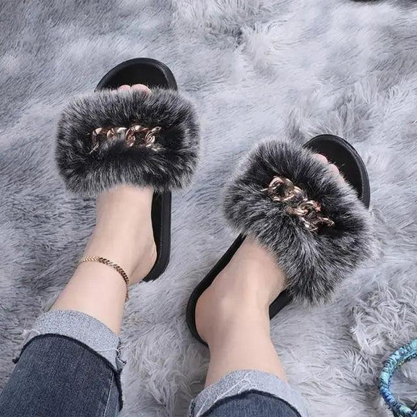 Cute Fluffy Ladies Indoor Warm Slippers Furry Luxury Flip Flops   Women's Fashion Flat Soft Flip Flops