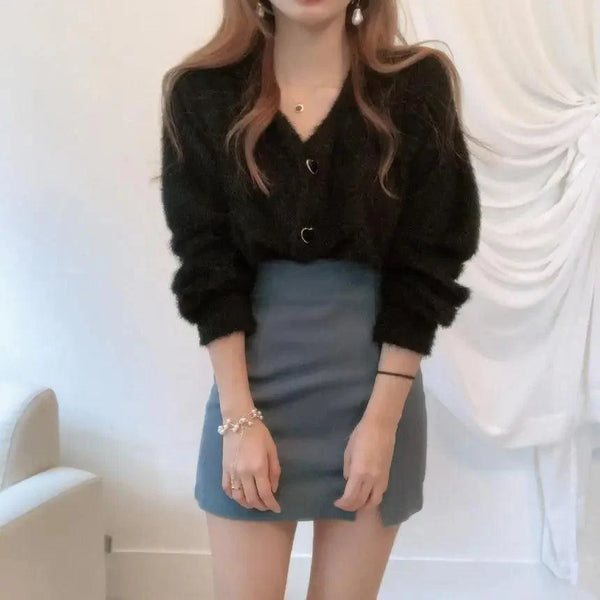 Cute Kitty Chic Fashionable V-Neck Single Breasted Mink Short Knitted Sweaters Outerwear For Women Autumn Long Sleeve Sweater Coat