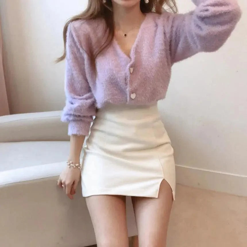 Cute Kitty Chic Fashionable V-Neck Single Breasted Mink Short Knitted Sweaters Outerwear For Women Autumn Long Sleeve Sweater Coat