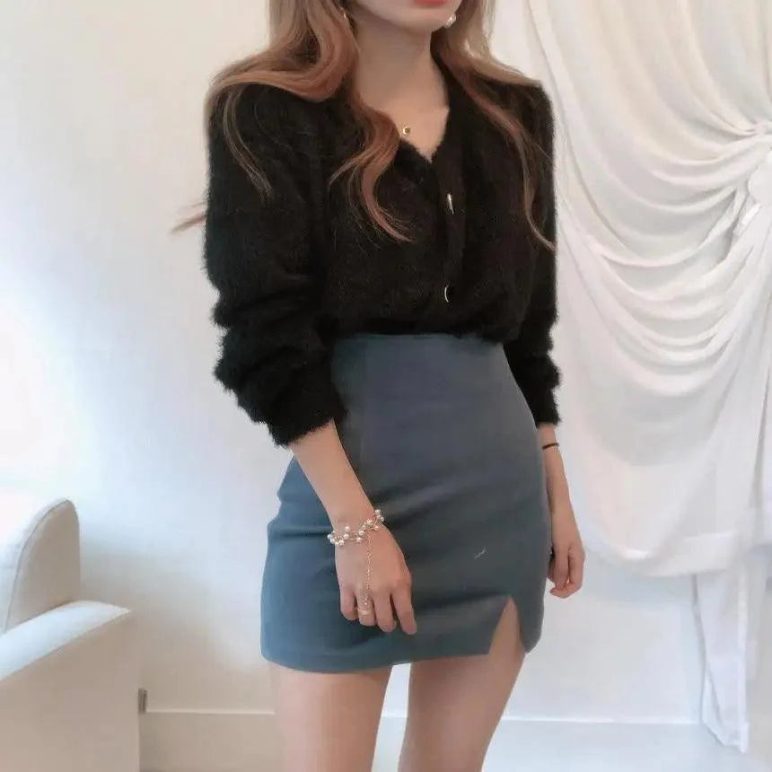 Cute Kitty Chic Fashionable V-Neck Single Breasted Mink Short Knitted Sweaters Outerwear For Women Autumn Long Sleeve Sweater Coat