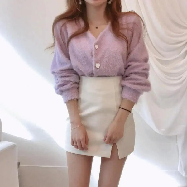 Cute Kitty Chic Fashionable V-Neck Single Breasted Mink Short Knitted Sweaters Outerwear For Women Autumn Long Sleeve Sweater Coat