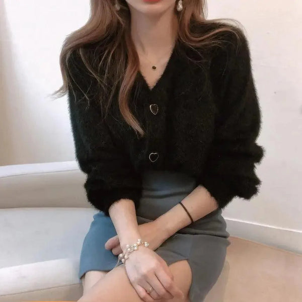 Cute Kitty Chic Fashionable V-Neck Single Breasted Mink Short Knitted Sweaters Outerwear For Women Autumn Long Sleeve Sweater Coat