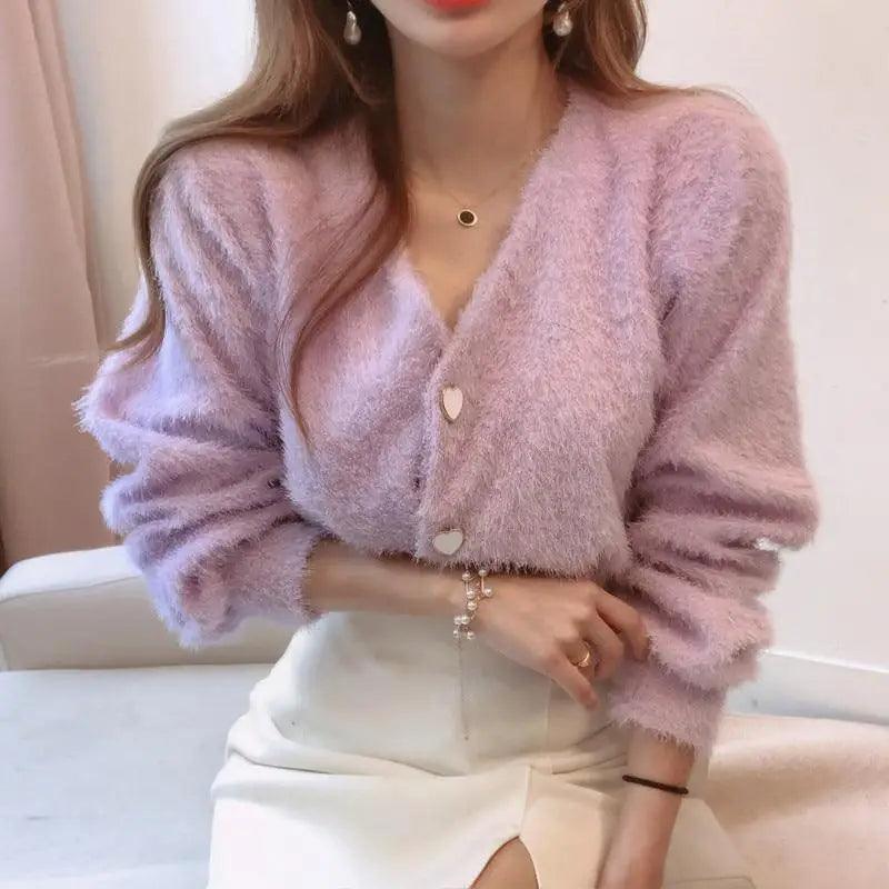 Cute Kitty Chic Fashionable V-Neck Single Breasted Mink Short Knitted Sweaters Outerwear For Women Autumn Long Sleeve Sweater Coat