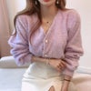 Cute Kitty Chic Fashionable V-Neck Single Breasted Mink Short Knitted Sweaters Outerwear For Women Autumn Long Sleeve Sweater Coat