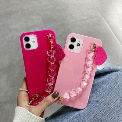 Cute Love Heart Strap Chain Wrist Band Phone Case Bracelet Love-Heart Chain Bracelet Strap Design with Shockproof Soft Back Cover Protective Bumper Case for Women Girls Candy Color Case for iPhone 13 12 11 Pro Soft Cover