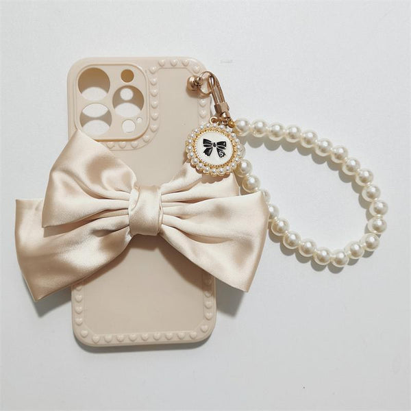 Cute Luxury Fashion 3d Bow Pearl Bracelet Girl Soft Case For iPhone 11 12 13 Pro Max 7 8 Plus Xr X Xs Se Anti-drop Cover Pearl Chain Bow Phone Case Ideal for iPhone Elegant Phone Case