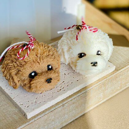 Cute Puppy Sculpture Candle – Hand-Poured Soy Wax | Ivory, Brown & Pink