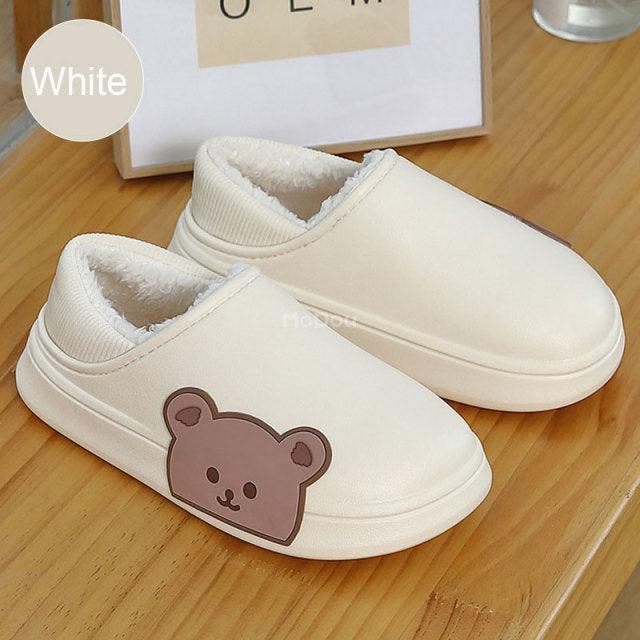 Cute Side Bear Waterproof Cotton Women Shoes Winter Warm Indoor Outdoor Wrapped Heel Slippers EVA Comfort Memory Foam Slippers Waterproof Non Skid Warm Washable Cotton Shoes Loafer Slippers