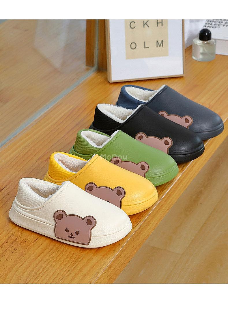 Cute Side Bear Waterproof Cotton Women Shoes Winter Warm Indoor Outdoor Wrapped Heel Slippers EVA Comfort Memory Foam Slippers Waterproof Non Skid Warm Washable Cotton Shoes Loafer Slippers