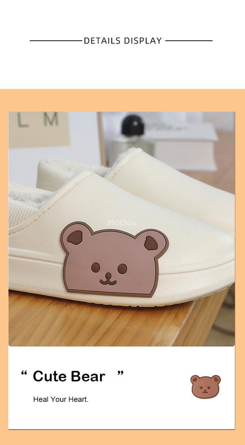 Cute Side Bear Waterproof Cotton Women Shoes Winter Warm Indoor Outdoor Wrapped Heel Slippers EVA Comfort Memory Foam Slippers Waterproof Non Skid Warm Washable Cotton Shoes Loafer Slippers