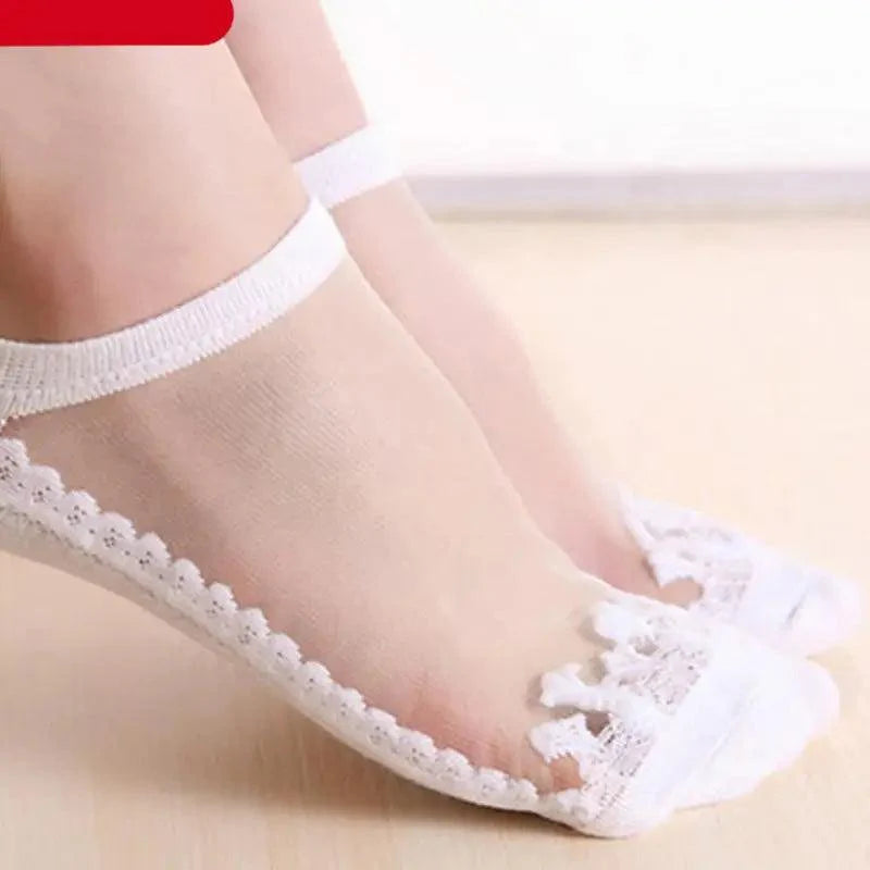 Cute Sock Slipper Women 1 Pair 2 Pieces Silk Spring Summer Thin Breathable Girl Socks Women Socks Breathable Anti-Friction Ultra Thin Socks for Women Transparent Lace Silk Elastic Socks