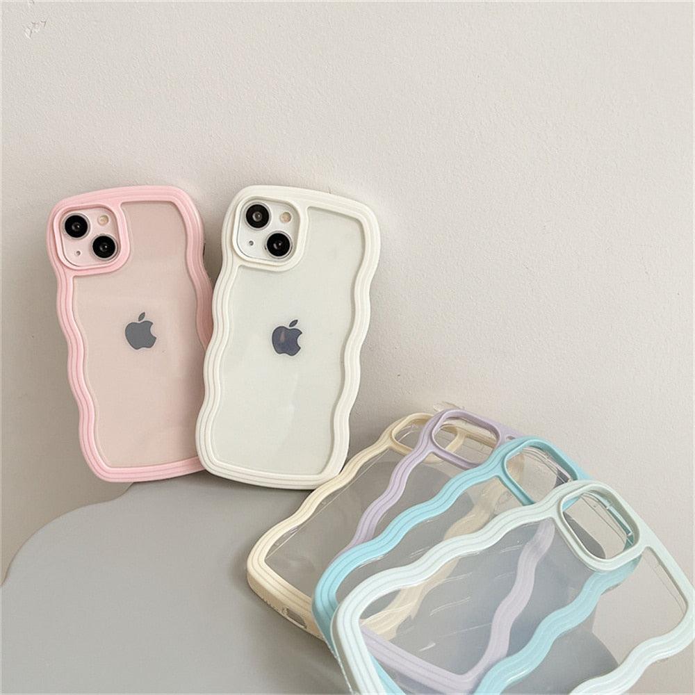 Cute Transparent Curly Wave Phone Case For iPhone 14Pro 13 12 11 Pro Max X XR XS Max Candy Color Shockproof Clear Hard  Cover Shockproof Popular Wavy Stylish Phone Case