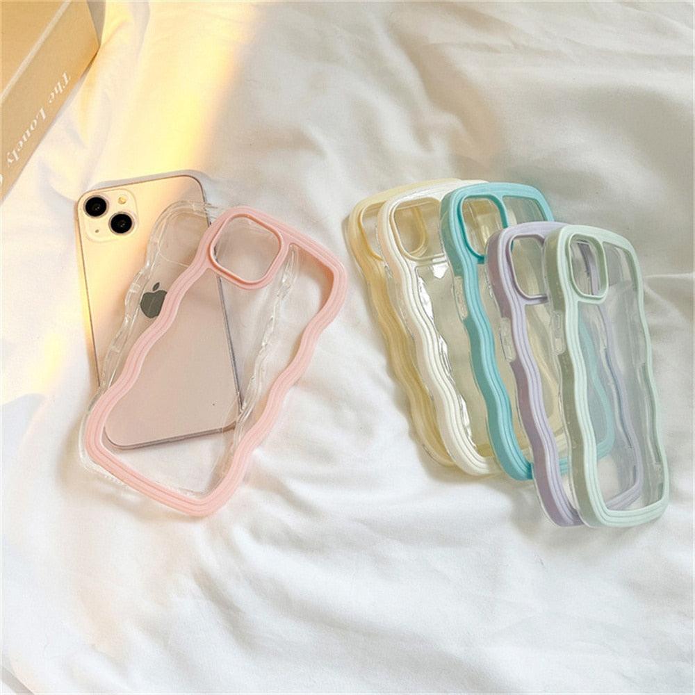 Cute Transparent Curly Wave Phone Case For iPhone 14Pro 13 12 11 Pro Max X XR XS Max Candy Color Shockproof Clear Hard  Cover Shockproof Popular Wavy Stylish Phone Case