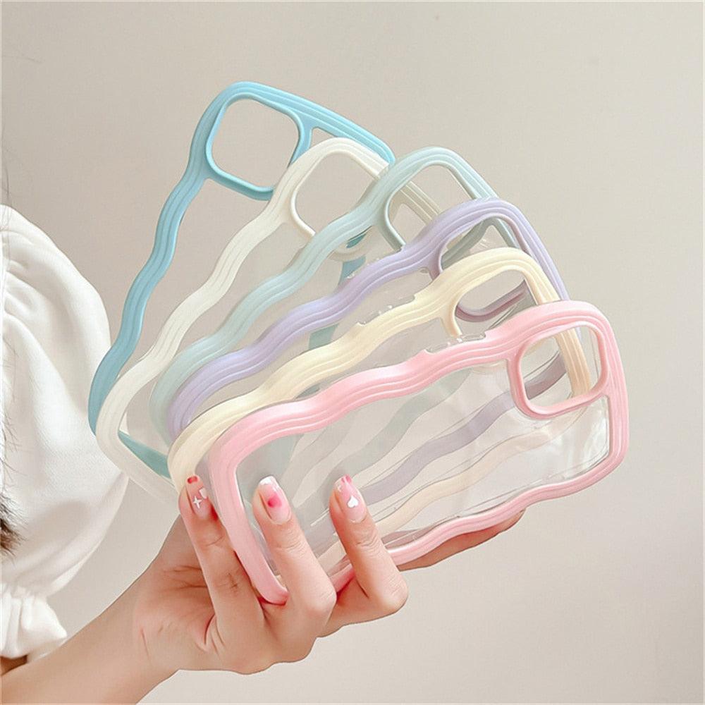 Cute Transparent Curly Wave Phone Case For iPhone 14Pro 13 12 11 Pro Max X XR XS Max Candy Color Shockproof Clear Hard  Cover Shockproof Popular Wavy Stylish Phone Case
