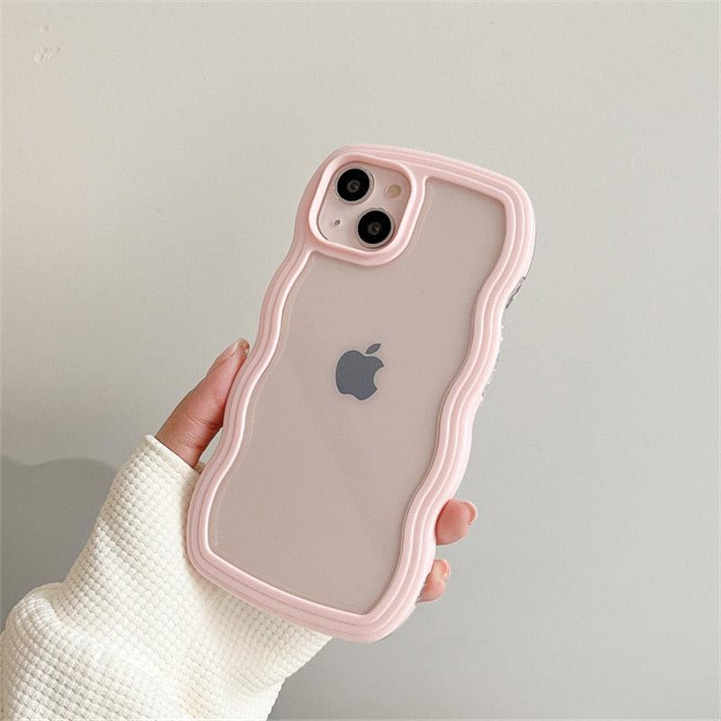 Cute Transparent Curly Wave Phone Case For iPhone 14Pro 13 12 11 Pro Max X XR XS Max Candy Color Shockproof Clear Hard  Cover Shockproof Popular Wavy Stylish Phone Case
