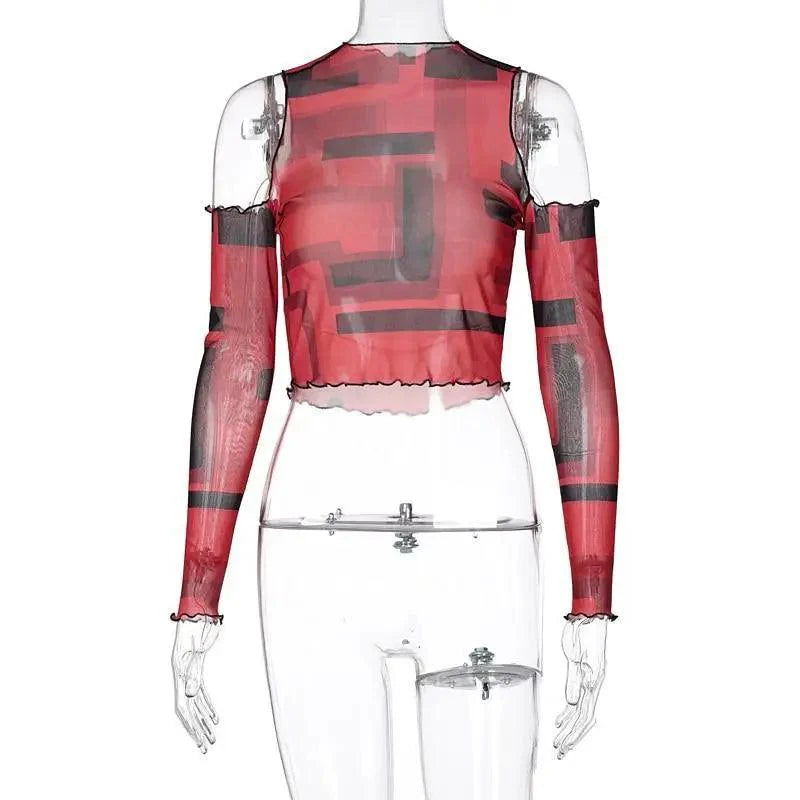 Cute women off shoulder Print Mesh long sleeve see through t - Shirt crop top Streetwear cute summer tops