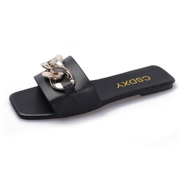 Cute Women Summer Slipper Square Toe Chain Slippers Slip On Flat Slide Sandals Beach Flip Flops Casual Shoe Sandals With Square Open Toe Slip On Comfy Slides Sandals Casual Shoes Summer Low Heeled